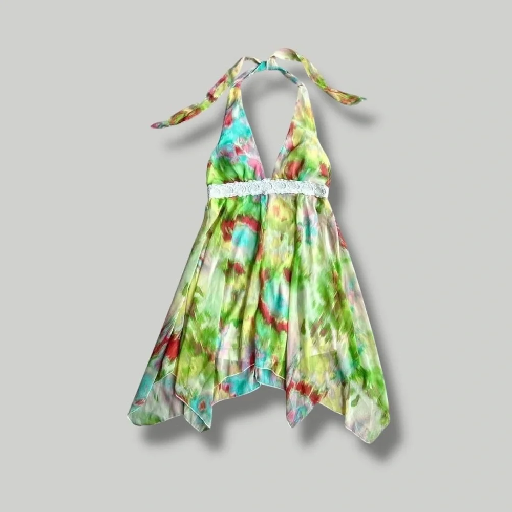 Fairycore mini asymmetrical chiffon lace empire waist babydoll halter dress M - Picture 7 of 8